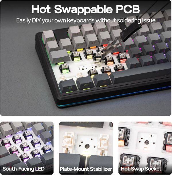 Keyboard: AULA F87 PRO V2 Tri-Mode RGB Mechanical Keyboard Black/Gradient Grey (Gray Wood Switch V4)