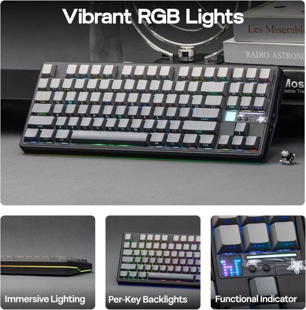 Keyboard: AULA F87 PRO V2 Tri-Mode RGB Mechanical Keyboard Black/Gradient Grey (Gray Wood Switch V4)