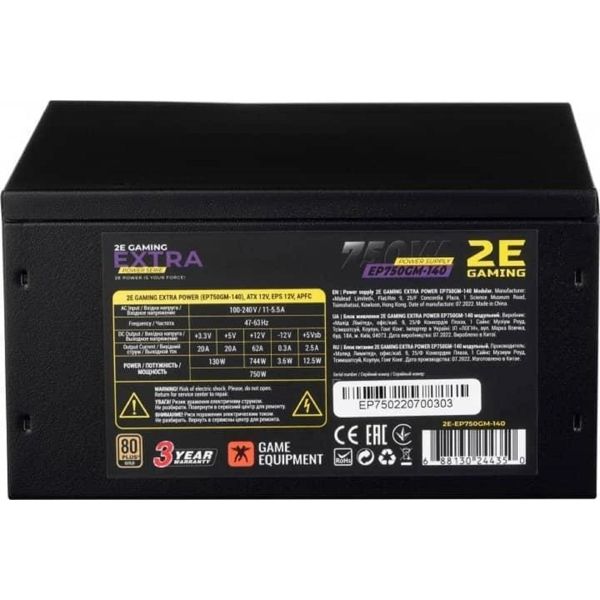 2E PSU GAMING EXTRA POWER (750W), >90%, 80+ Gold, 140mm, 1xMB 24pin(20+4), 1xCPU 8pin(4+4), 4xMolex, 6xSATA, 4xPCIe 8pin(6+2), Fully Modular