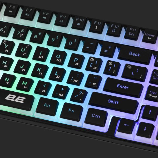2E GAMING Membrane keyboard KG390 100key, USB-A/WL/BT, EN/UA, RGB, black