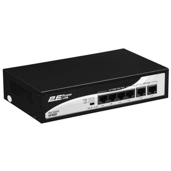 2E PowerLink Switch SP402F 6xFE (4xPoE, 2xUplink), 55W, Unmanaged