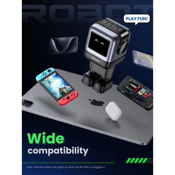 Mobile charger UGREEN CD361 (25685B) Nexode Uno RobotGaN, 65W, USB, Type-C, Black/Grey