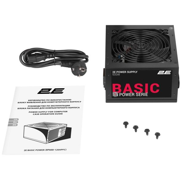 2E PSU Basic Power  (600W), 80%, 120mm, 1xMB 24pin(20+4), 1xCPU 8pin(4+4), 3xMolex, 4xSATA, 2xPCIe 8pin(6+2)