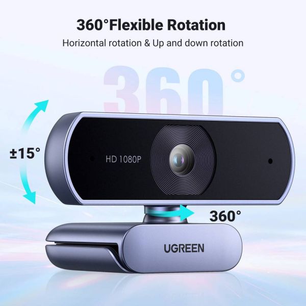 Webcam UGREEN 15728, 2Mp, FHD, Built-in Microphone, Webcam, Gray/Black