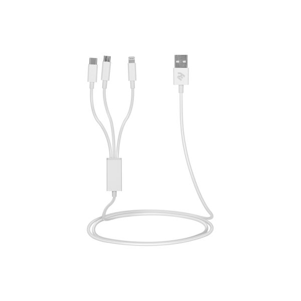 Cable 2E USB 3 in 1 Micro/Lightning/Type C, 5V/2.4A, White,1.2m