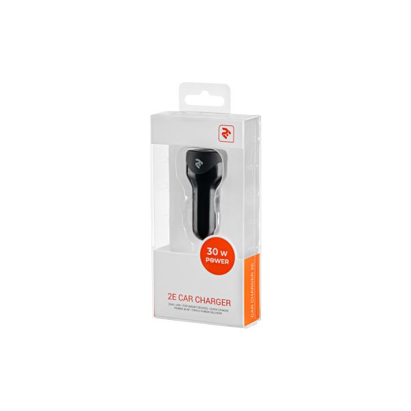 2E Car Charger  Dual USB (30W) Type-C PD, USB 2.4A, black