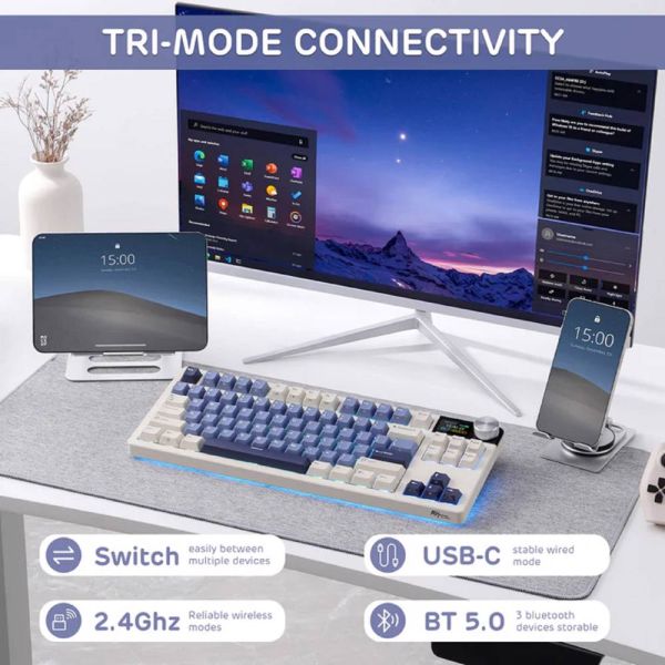 Royal Kludge RK S85 RGB Mechanical Keyboard, Cloud switch, Hot Swappable, Wireless, Type-C, Bluetooth, 2.4GHz, Horizon Blue