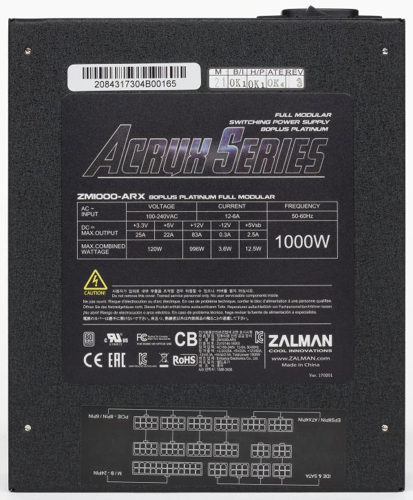 Zalman PSU Acrux  (1000W), 94%, 80+ Platinum, 135mm, 1xMB 24pin(20+4), 2xCPU (8pin(4+4)+8pin), 8xMolex, 12xSATA, 6xPCIe 8pin(6+2), Fully Modular