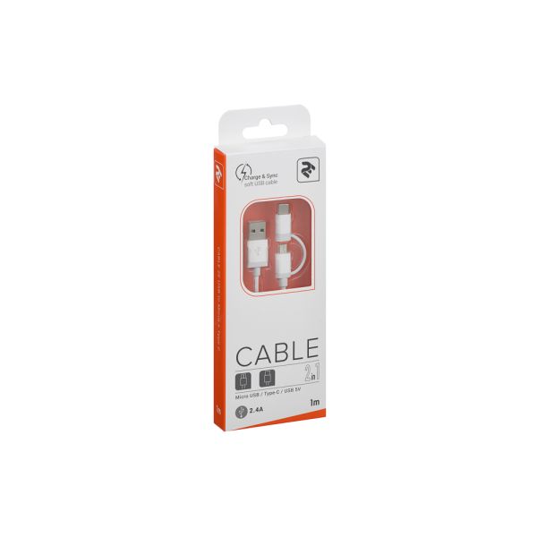 2E Cable  USB to Micro + Type C, 5V/2.4A, White,1m