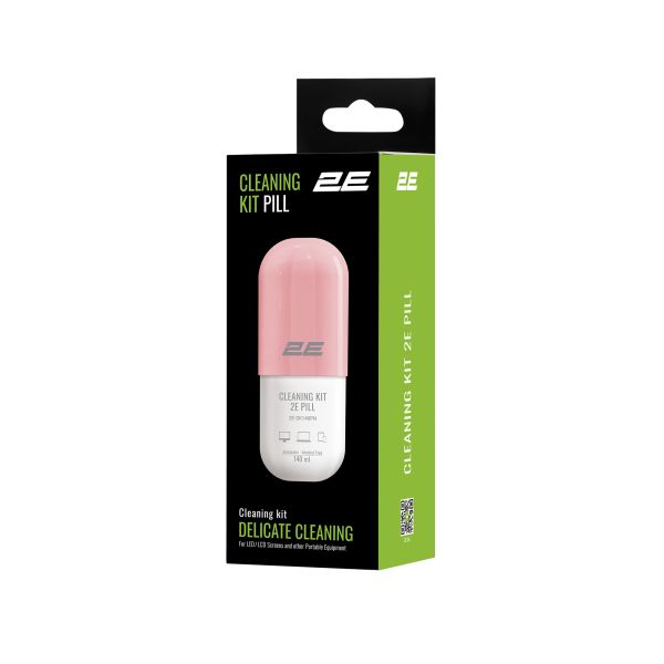 Cleaning kit 2E PILL for office equipment (liquid 140ml, whipe 20cm), white-pink