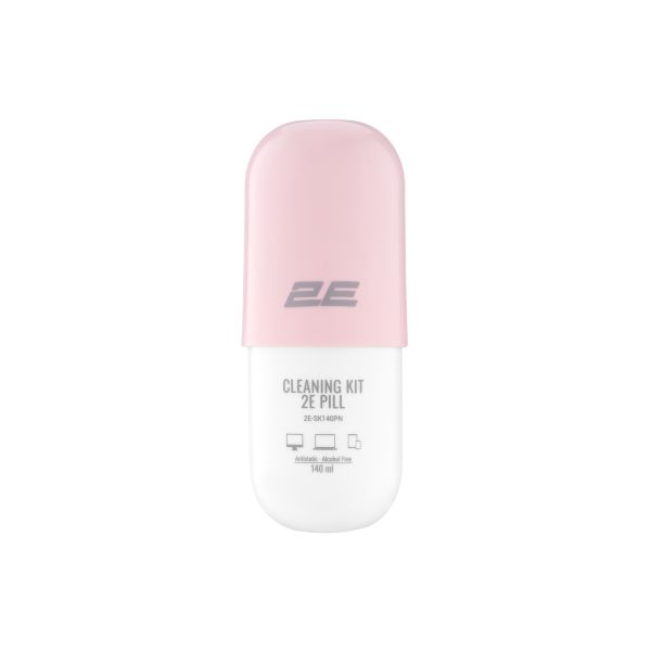 Cleaning kit 2E PILL for office equipment (liquid 140ml, whipe 20cm), white-pink