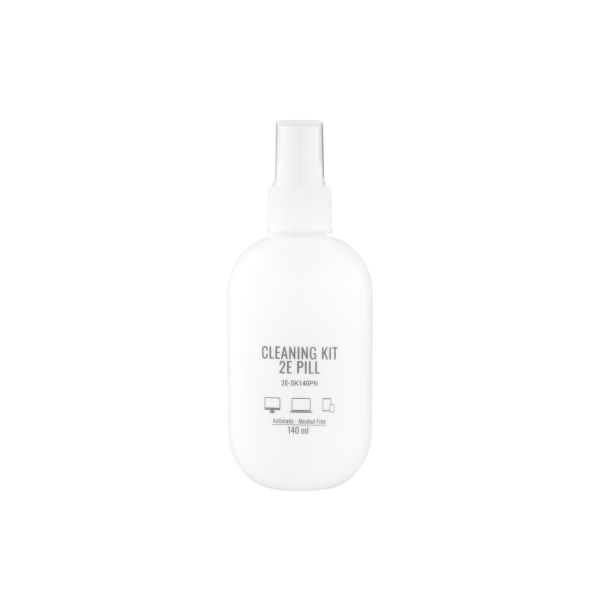Cleaning kit 2E PILL for office equipment (liquid 140ml, whipe 20cm), white-pink