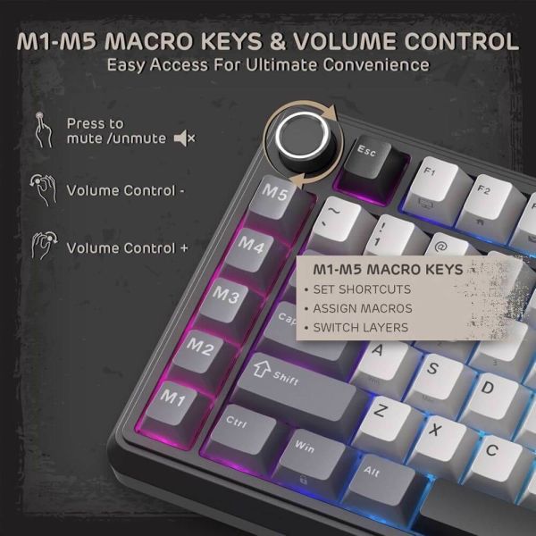 Royal Kludge RK L75-KB-XW RGB Mechanical Keyboard, Beige Switch, Hot Swappable, Wireless, Type-C, Bluetooth, 2.4GHz, Knight Black