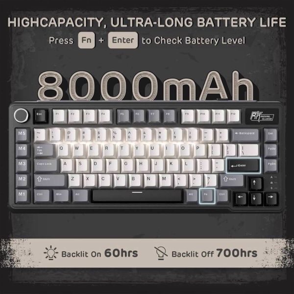 Royal Kludge RK L75-KB-XW RGB Mechanical Keyboard, Beige Switch, Hot Swappable, Wireless, Type-C, Bluetooth, 2.4GHz, Knight Black
