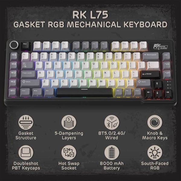Royal Kludge RK L75-KB-XW RGB Mechanical Keyboard, Beige Switch, Hot Swappable, Wireless, Type-C, Bluetooth, 2.4GHz, Knight Black