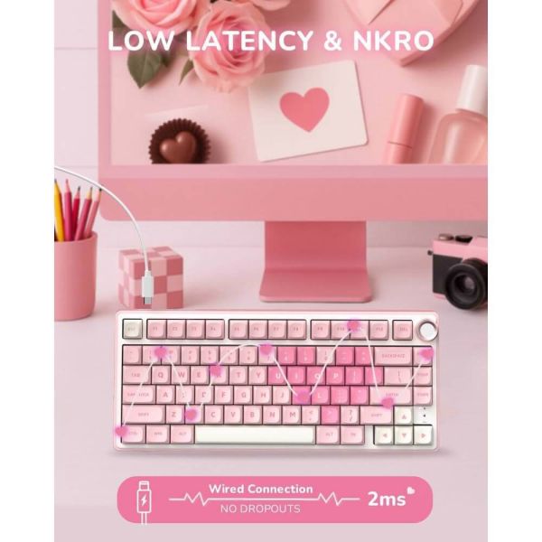 Royal Kludge RK R75-PM-XH RGB Mechanical Keyboard, Cream Switch, Hot Swappable, Wired, USB, Pink Melody