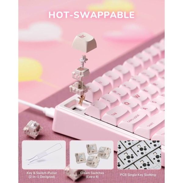 Royal Kludge RK R75-PM-XH RGB Mechanical Keyboard, Cream Switch, Hot Swappable, Wired, USB, Pink Melody