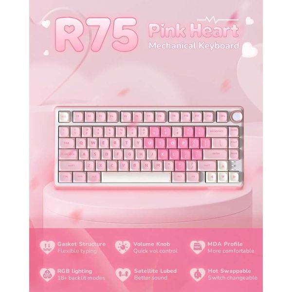 Royal Kludge RK R75-PM-XW RGB Mechanical Keyboard, Beige Switch, Hot Swappable, Wired, USB, Pink Melody