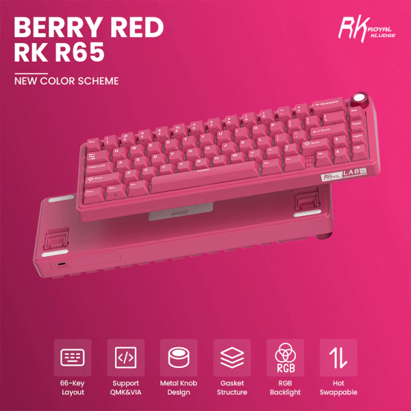 Royal Kludge RK R65-BR-XH RGB Mechanical Keyboard, Cream Switch, Hot Swappable, Wired, USB, Berry Red