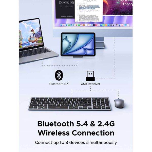 Keyboard+mouse UGREEN MK552 (85513), Wireless, USB, Bluetooth, Keyboard And Mouse, Grey