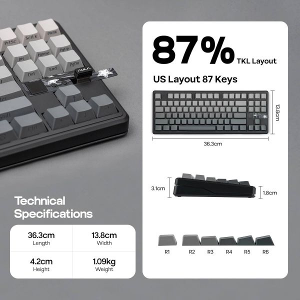 Keyboard: AULA F87 PRO V2 Tri-Mode RGB Mechanical Keyboard Black/Gradient Grey (Gray Wood Switch V4)