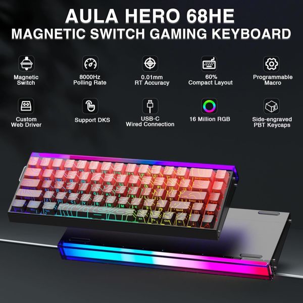 Keyboard: AULA HERO 68 RGB Wired Gaming Keyboard side-engraved keycaps Gradient Black/Red (Dragon King Magnetic Switch)