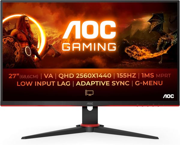 Q27G2E, AOC, Monitor, Gaming, 27" QHD 2560x1440 VA, 155 Hz, MPRT 1 ms, FreeSync Premium (HDMI, DisplayPort) Black, Red.
