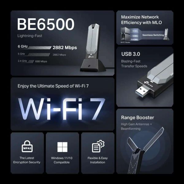 TP-Link, Archer TBE400UH, BE6500 Wi-Fi 7 High Gain Wireless USB Adapter