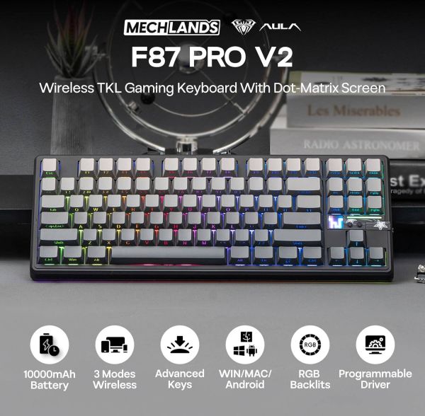 Keyboard: AULA F87 PRO V2 Tri-Mode RGB Mechanical Keyboard Black/Gradient Grey (Gray Wood Switch V4)