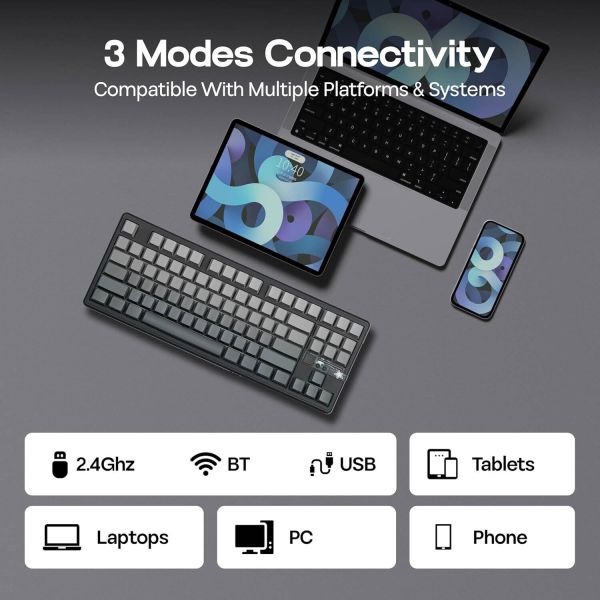 Keyboard: AULA F87 PRO V2 Tri-Mode RGB Mechanical Keyboard Black/Gradient Grey (Gray Wood Switch V4)