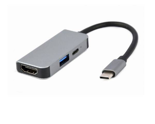 Adapter: Gembird A-CM-COMBO3-02 USB Type-C 3-in-1 multi-port adapter (USB port+HDMI +PD) Silver