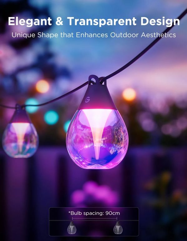 Govee H7025 Outdoor Clear Bulb String Lights, 15м, RGBIC/Warm White, WI-FI/Bluetooth, чорний