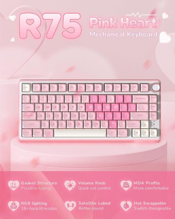 Royal Kludge RK R75-PM-XH RGB Mechanical Keyboard, Cream Switch, Hot Swappable, Wired, USB, Pink Melody