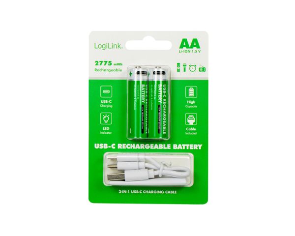 Item: Logilink LR6RCB2 AA 1.5 V Li-Ion 1850mAh USB-C Rechargeable Batteries 2pcs
