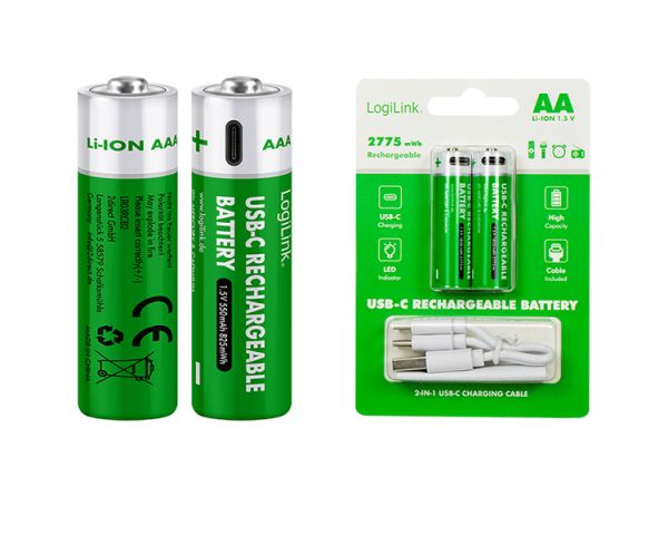 Item: Logilink LR6RCB2 AA 1.5 V Li-Ion 1850mAh USB-C Rechargeable Batteries 2pcs