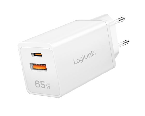 Charger: Logilink PA0371 1xUSB-C (PD) & 1xUSB-A (QC) GaN Fast Charger 65W White