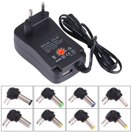 Universal Adapter 30W Power Wall Plug-in Adapter with 5V 2.1A USB Port, Tips: 6 PCS, Cable Length: About 1.2m