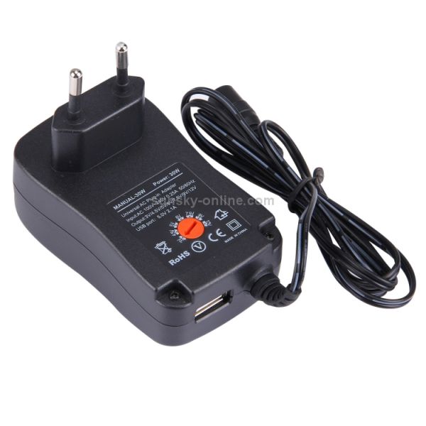 Universal Adapter 30W Power Wall Plug-in Adapter with 5V 2.1A USB Port, Tips: 6 PCS, Cable Length: About 1.2m