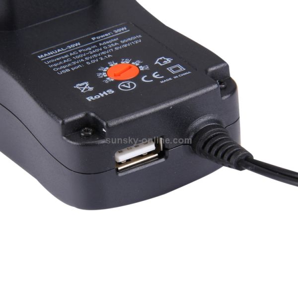 Universal Adapter 30W Power Wall Plug-in Adapter with 5V 2.1A USB Port, Tips: 6 PCS, Cable Length: About 1.2m