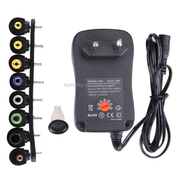 Universal Adapter 30W Power Wall Plug-in Adapter with 5V 2.1A USB Port, Tips: 6 PCS, Cable Length: About 1.2m