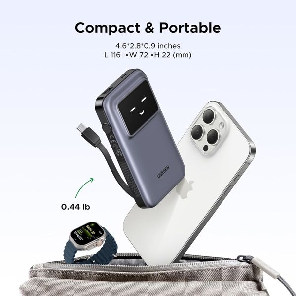 Portable Charger UGREEN PB511 (35603B) Uno, 10000mAh 30W, USB, Type-C, Power Bank With Built In Cable, Grey