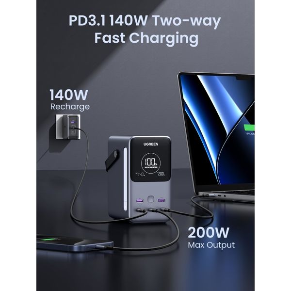 Portable Charger UGREEN PB770 (25286), 48000mAh 300W, USB-A, Type-C, Power Bank With Smart Digital Display, Gray