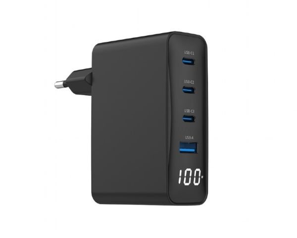 Charger: Gembird TA-UC-PDQC100LCD-01-BK 4-port 100W GaN USB fast charger LCD Black