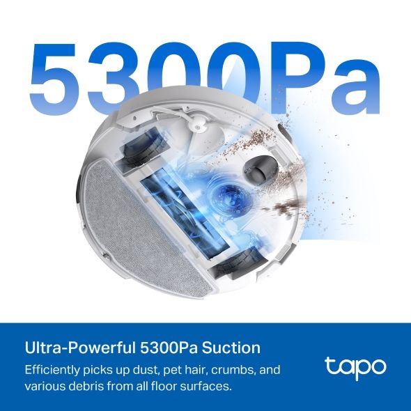 Tapo RV30 Max White, TPLINK, Robot Vacuum Cleaner, Vacuum &amp; Mop 2-in-1, 5300Pa, 2600mAh Battery, 250ml Dustbin, 300ml Water
