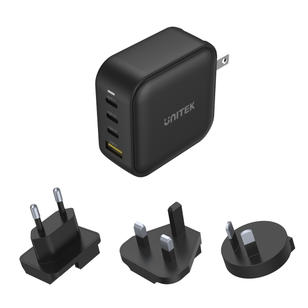 P1112ABK, UNITEK, Charger, 100W 4-in-1 USB GaN Charger (3*USB-C PD + USB-A QC3.0), With US/EU/UK/AU Plugs, Black.