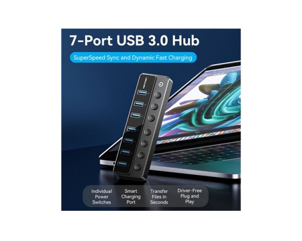 USB Hub: Vention CHXB0-EU 8-in-1 USB 2.0/3.0 Hub With Individual Power Switches Led Black