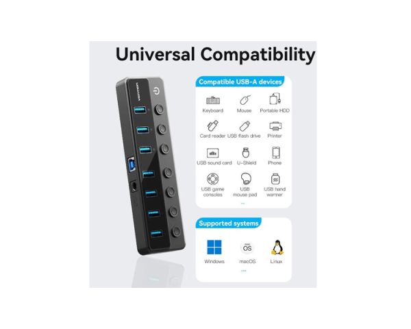 USB Hub: Vention CHXB0-EU 8-in-1 USB 2.0/3.0 Hub With Individual Power Switches Led Black